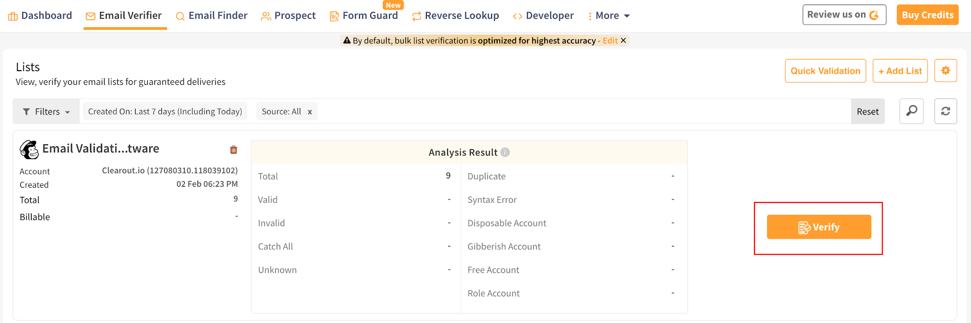 Start verification of selected MailChimp List