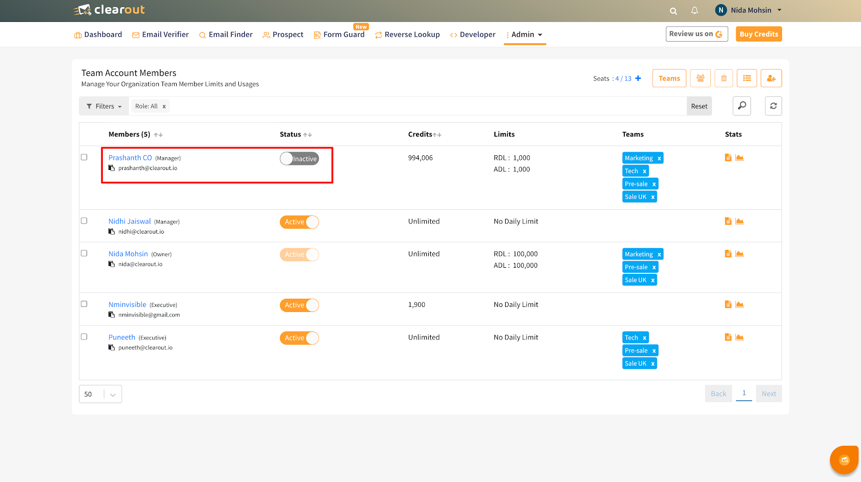 Edit/Deactivate/Remove Team Members