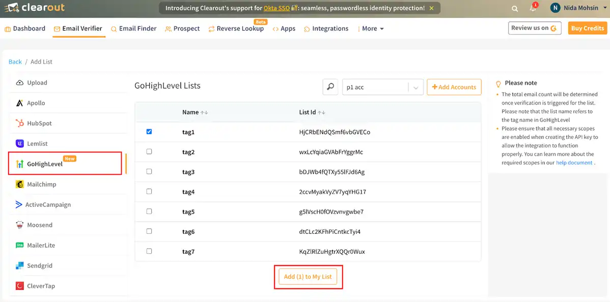 Select the GoHighLevel list for verification on Clearout