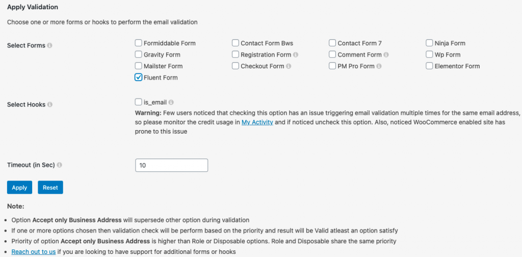 WordPress settings of Clearout Email Validator Plugin for Fluent Forms
