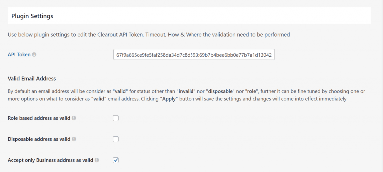 WordPress settings of Clearout Email Validator Plugin