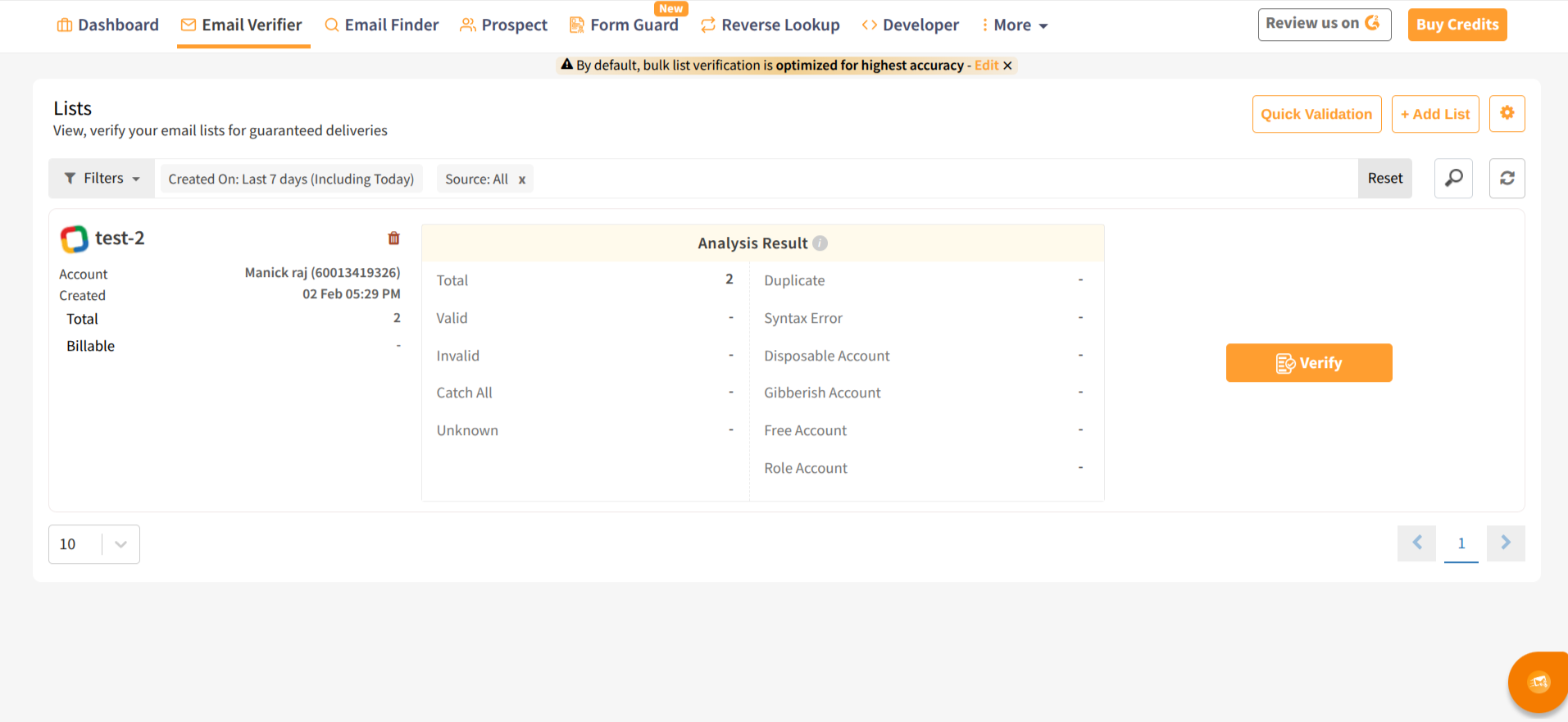 Start verification of selected list