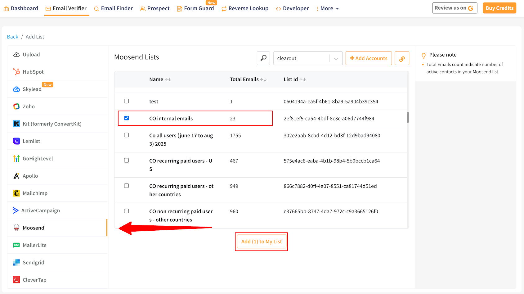 Select Moosend List to start verification