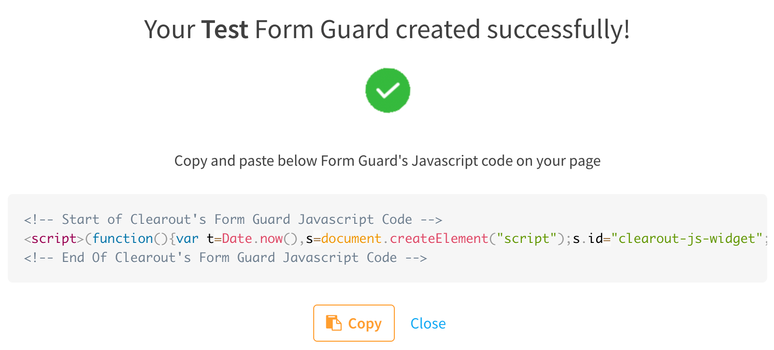 Generate a Form Guard code snippet and Copy to validate on Forms