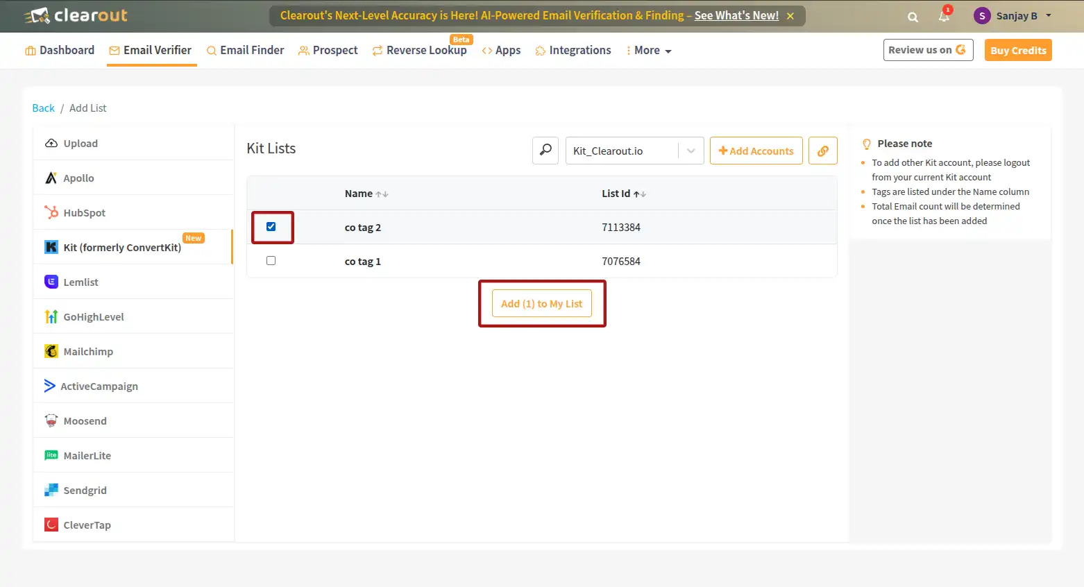 Select Kit Tag list to start verification