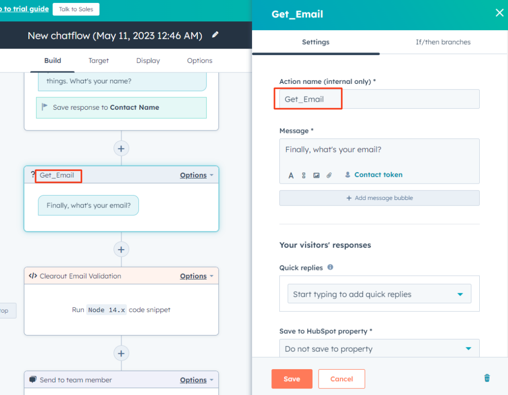 Go to the Get Email action box and edit the action name to Get_Email.