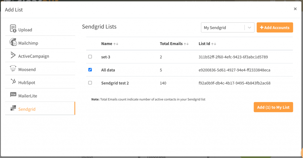 Select SendGrid List to start verification