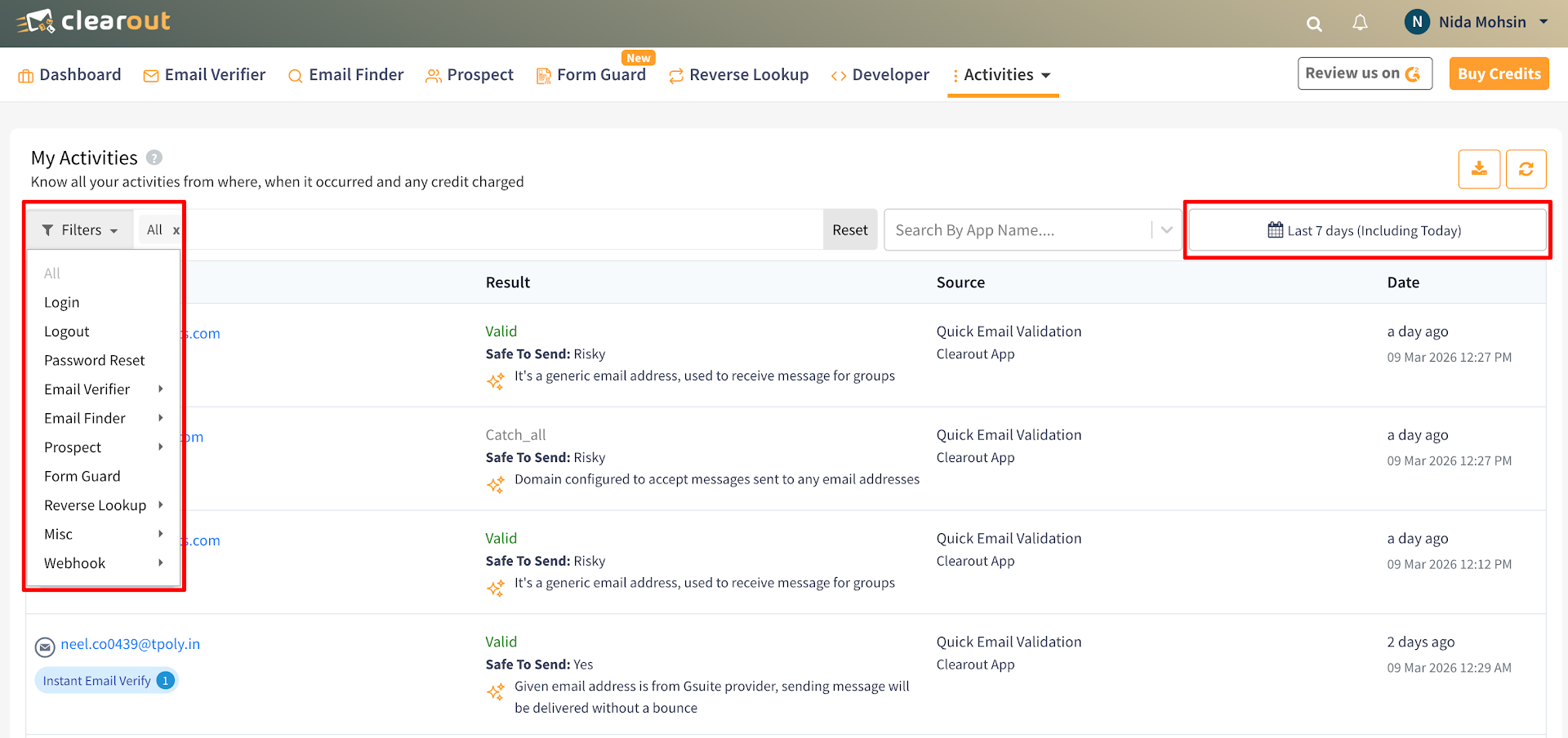 Filter Activities based on Services and events in the selected date range