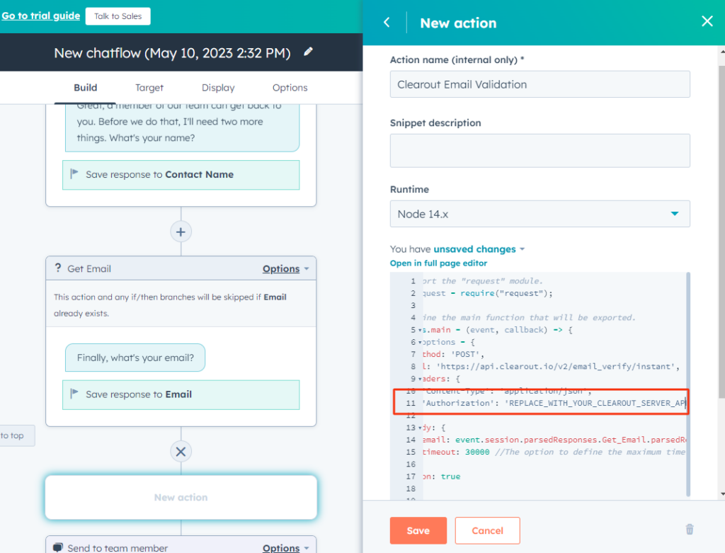 Add Clearout Server API Token in Row 11 on the Clearout Code Snippet