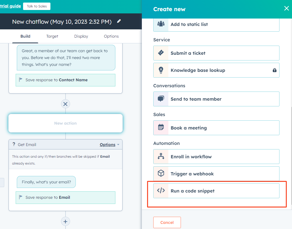 Run a code snippet, give an Action name and delete the existing code