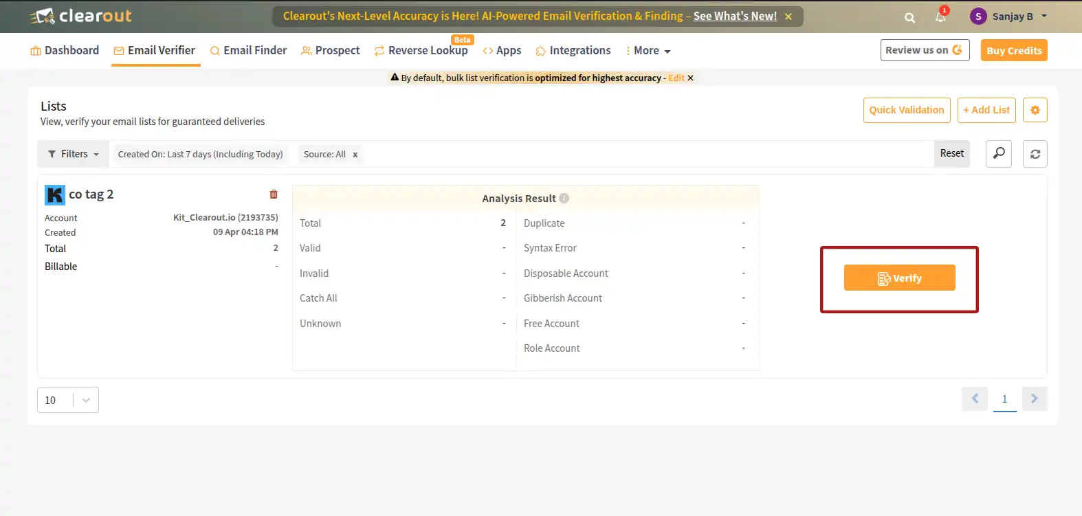 Start verification of your selected Kit list