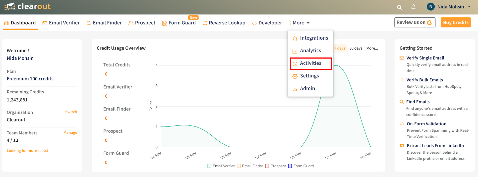 Navigation to Activities on Clearout Account