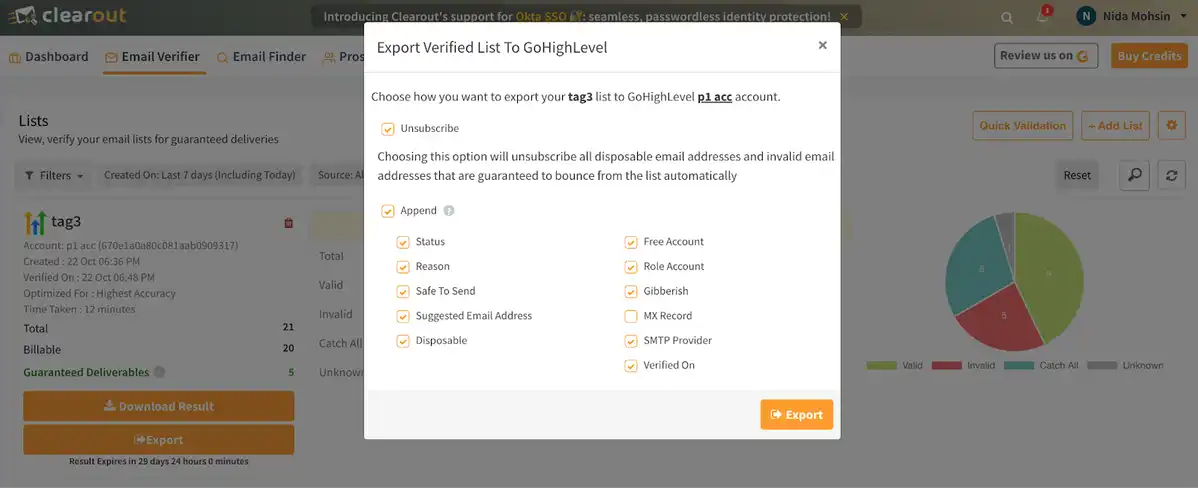 Export verified list results to GoHighLevel