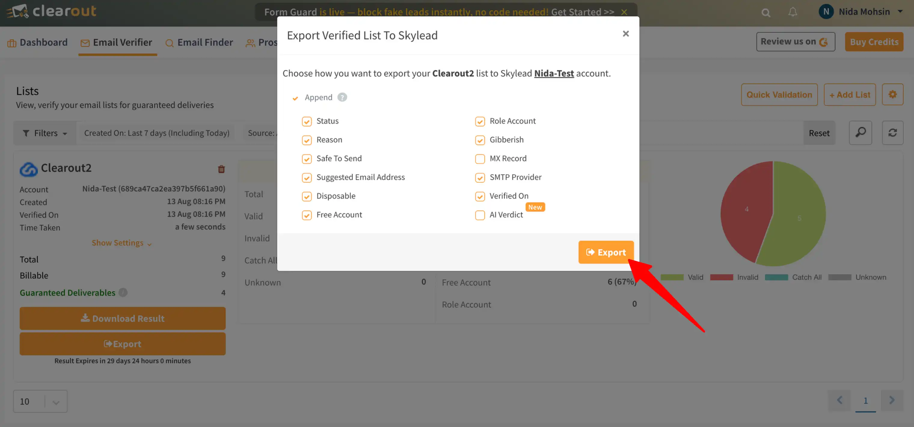 export verified list results to Skylead