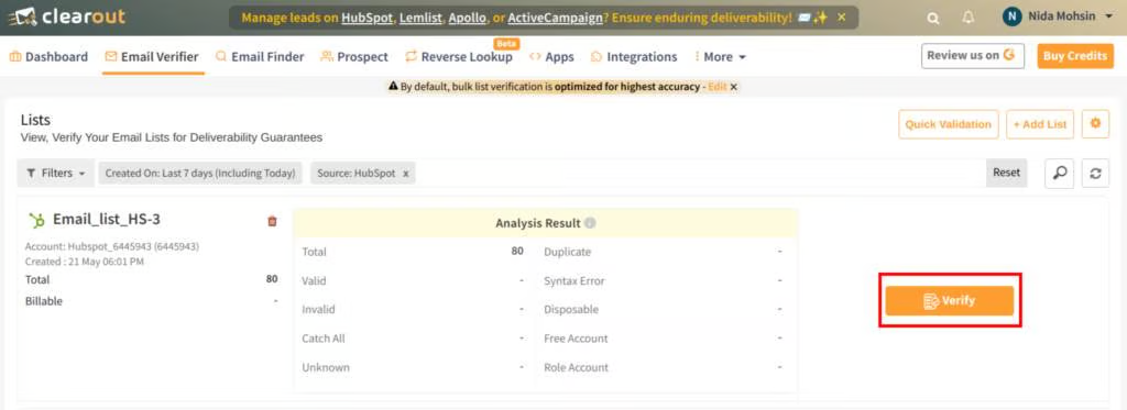Start Verification of selected HubSpot List