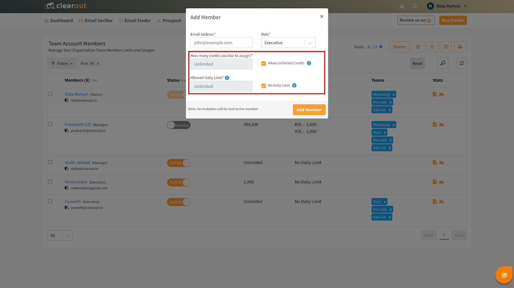 Manage credits and limits for team member
