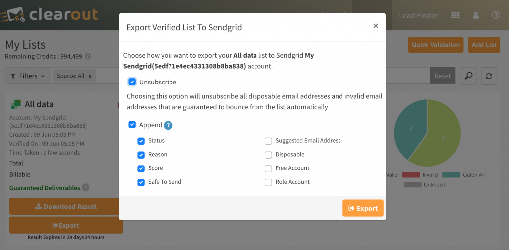 Export verified list results to SendGrid