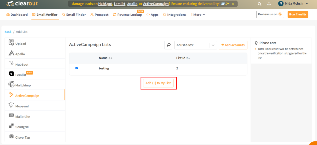 Select ActiveCampaign List to start verification