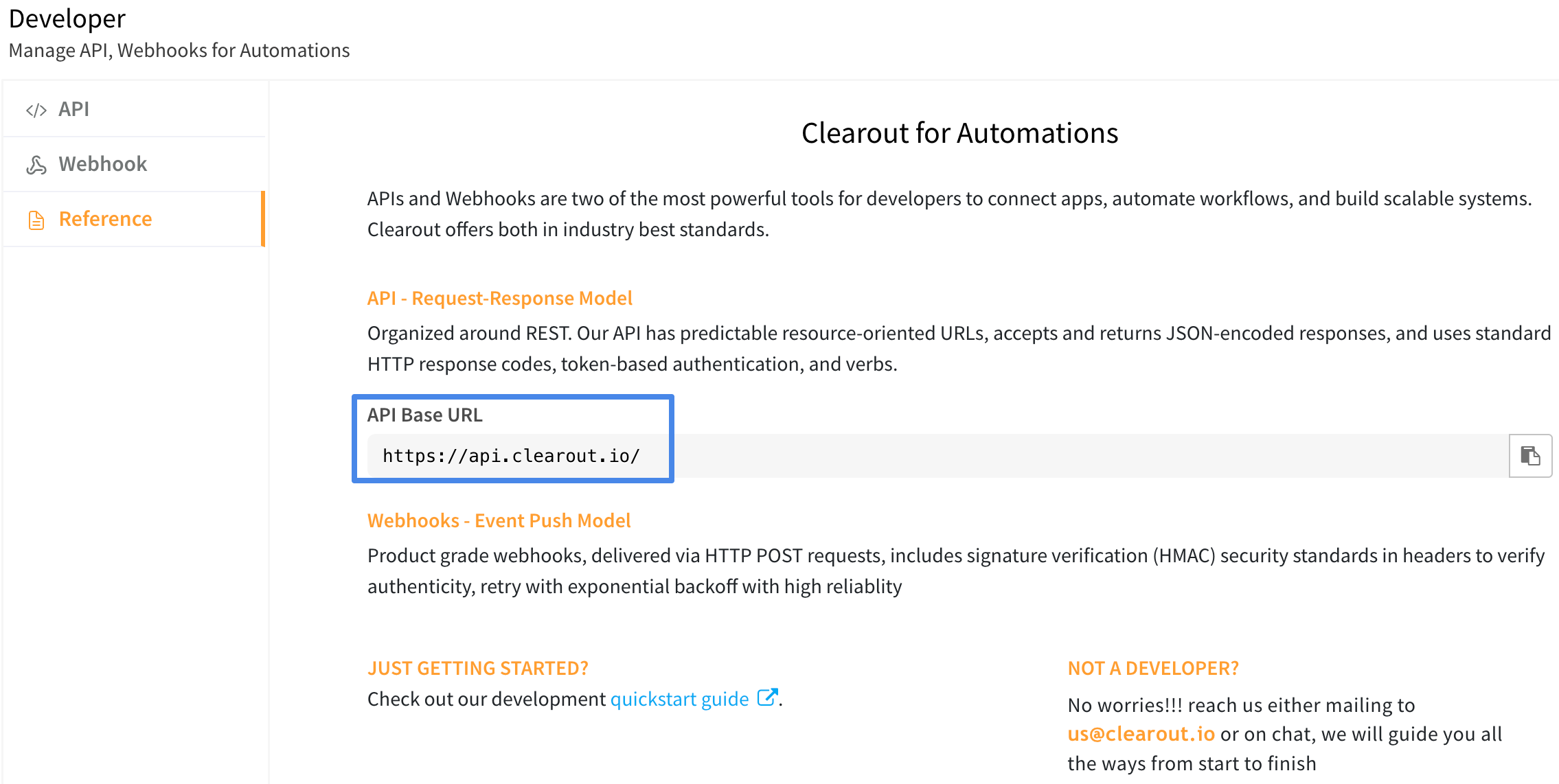 Overview of Developer section showcasing API Base URL 