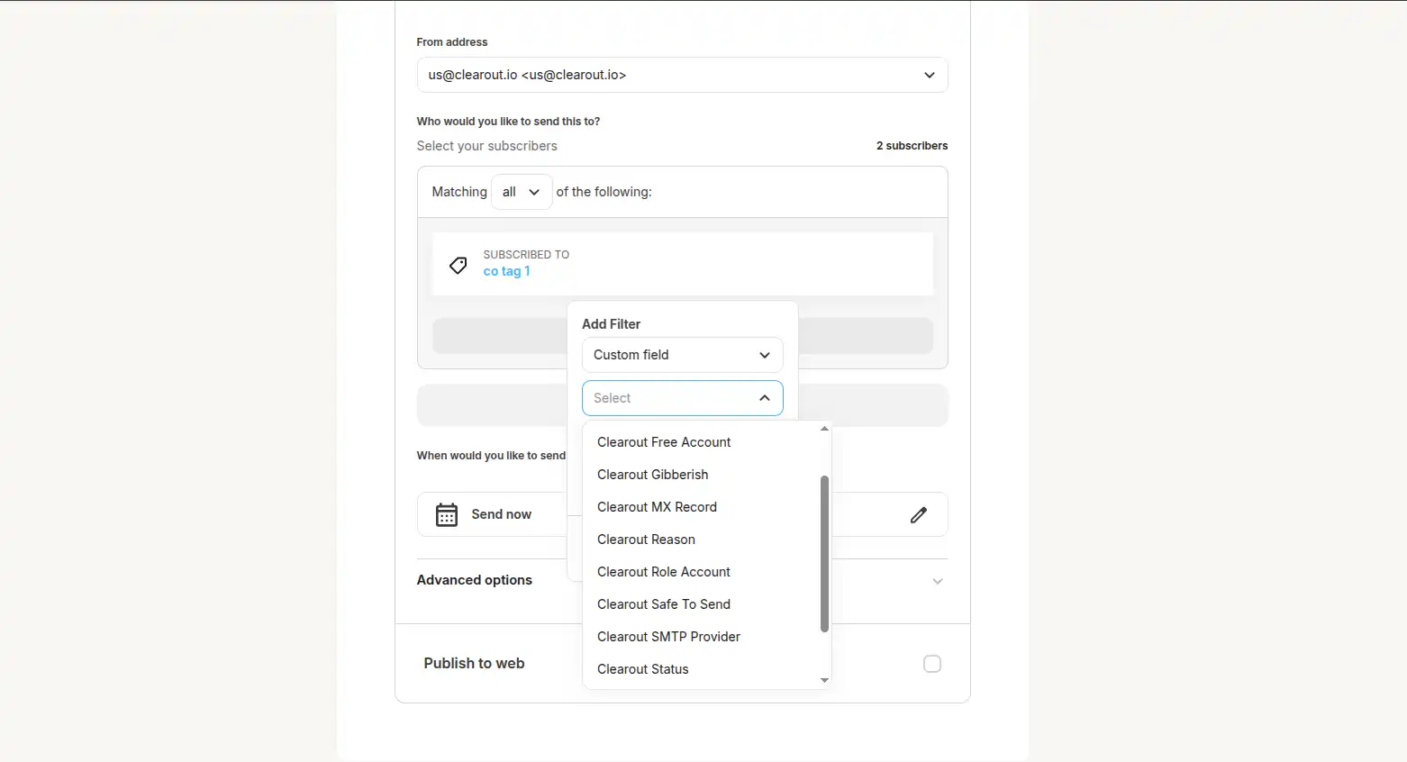 Edit Kit filters to add Clearout fields in the automation rules