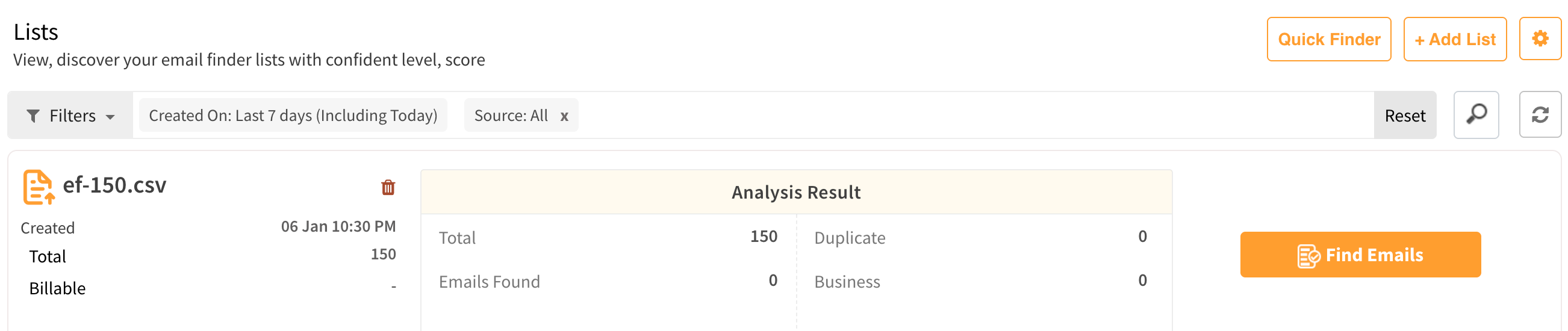 Starting the Email finding process for uploaded list