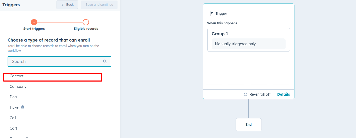 Select Contact‑based and Trigger manually to start configuring the workflow.