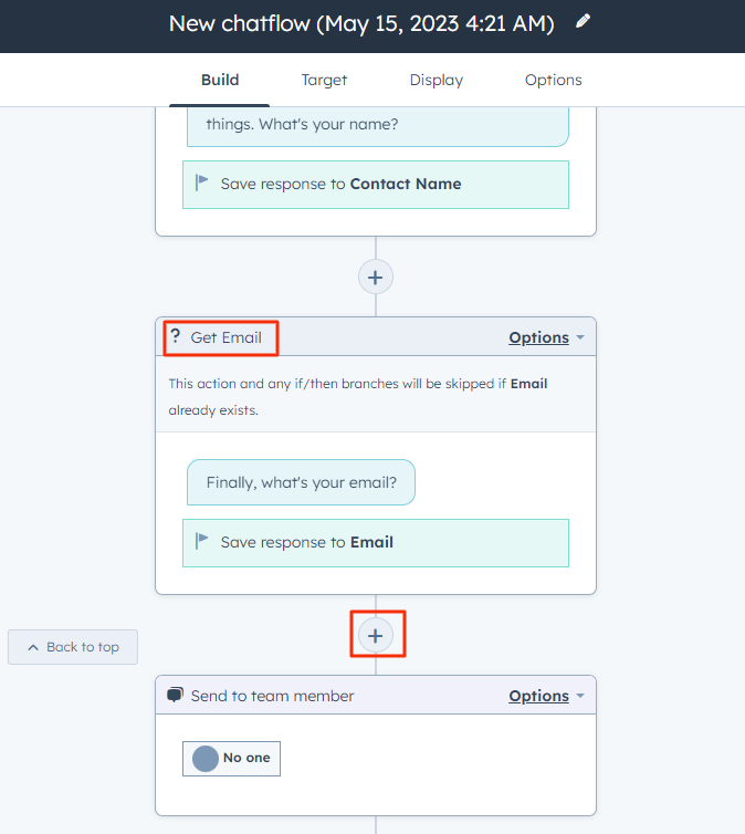 Select Action Box to create trigger for Email verification in HubSpot Chatflow