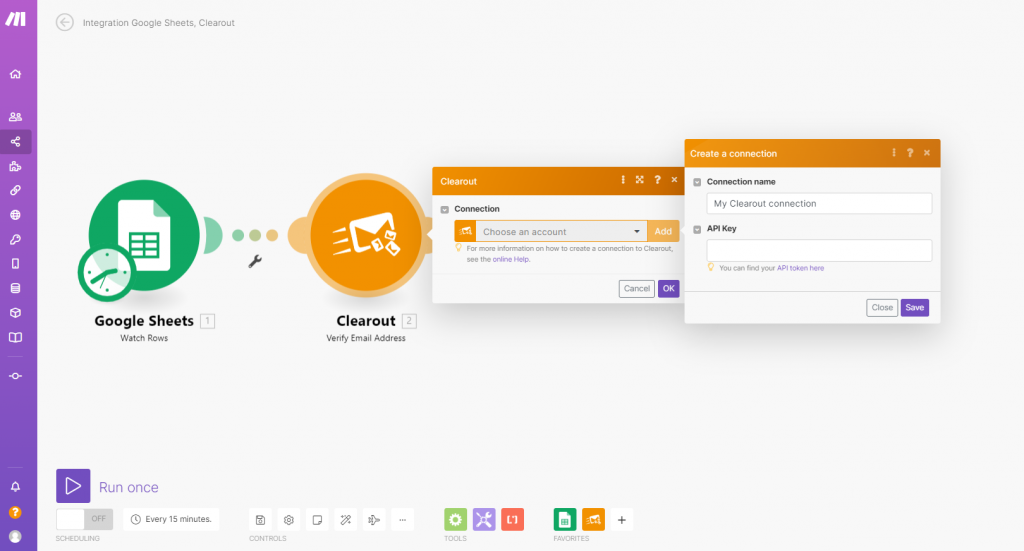 Paste Clearout API Token to create a connection with Make