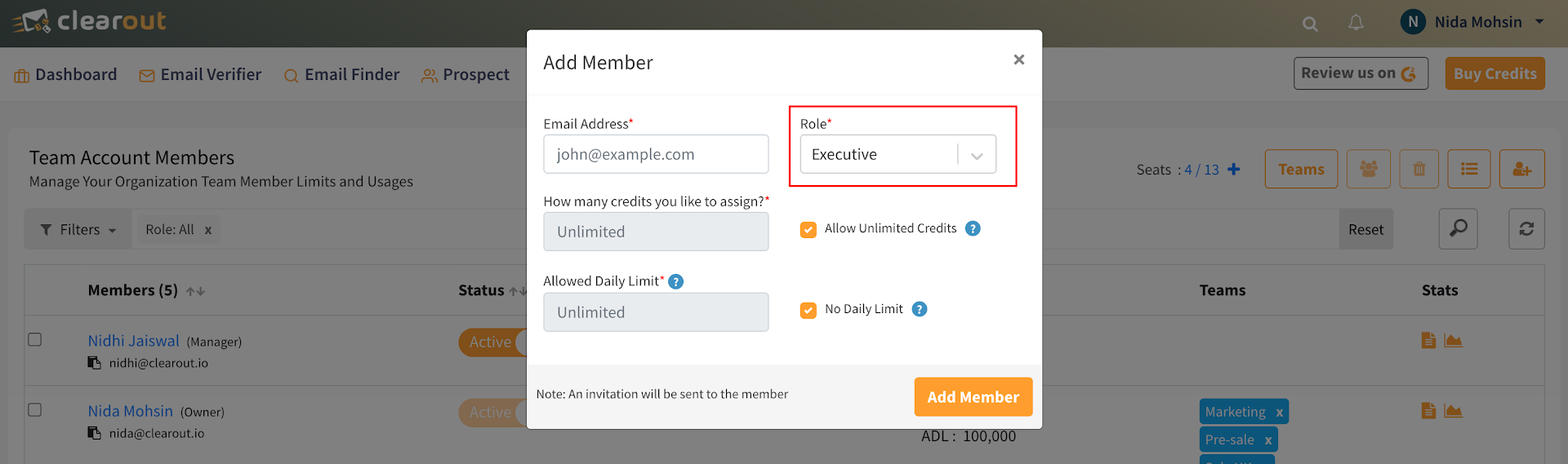 Assign role and credits to invited member