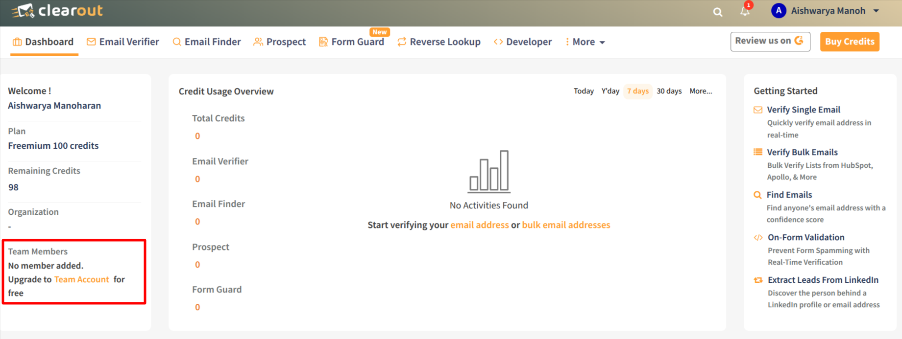 Enable Team Account from Dashboard