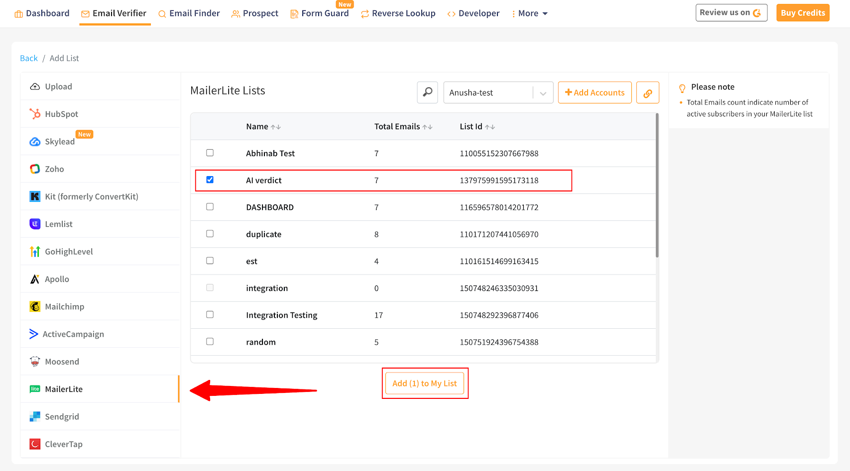 Select the list to start verification