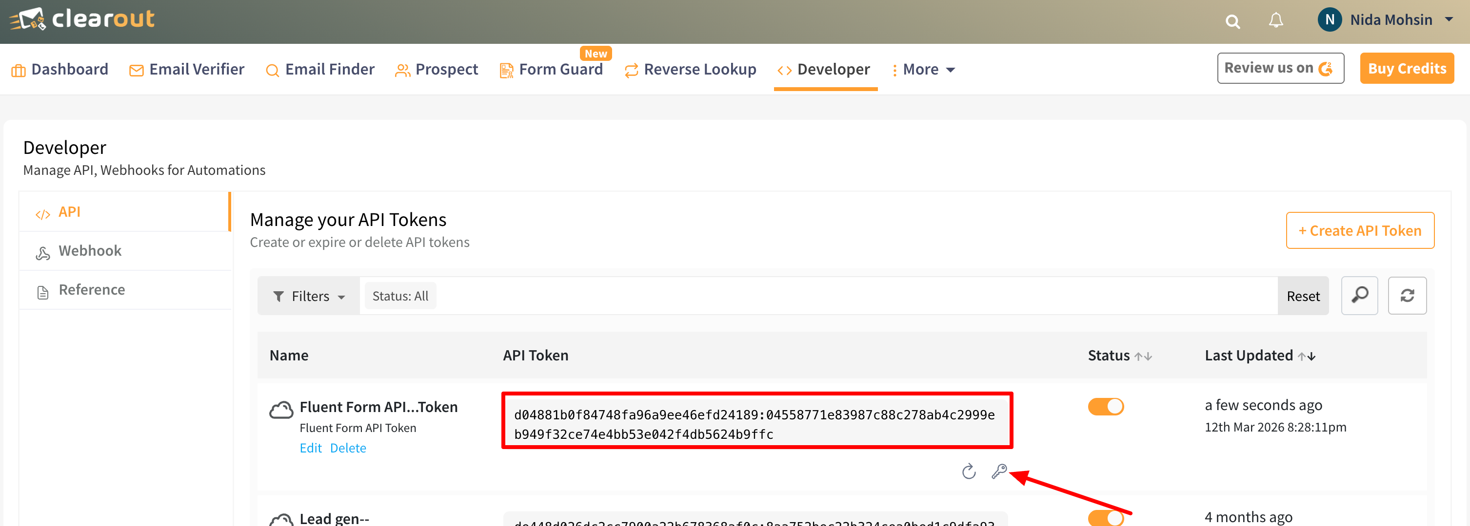 Copy Clearout API Token Creation for Fluent Form Integration