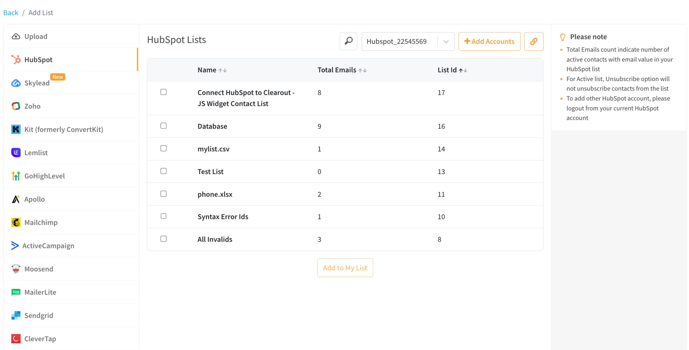 Import email List from ESP/CRM for validation