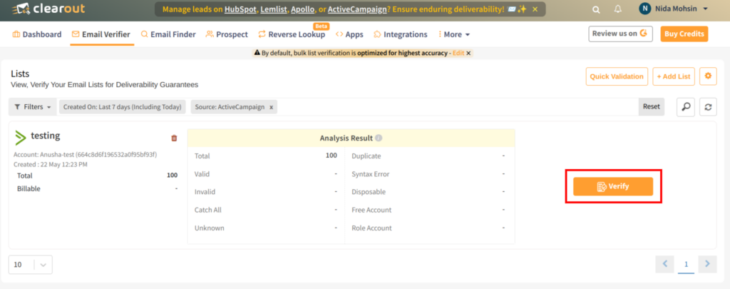 Start ActiveCampaign List verification